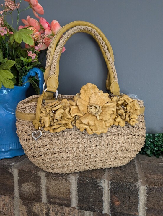 Brighton Handbags - Brighton Soft Woven Handbag with Yellow Leather Floral Trim